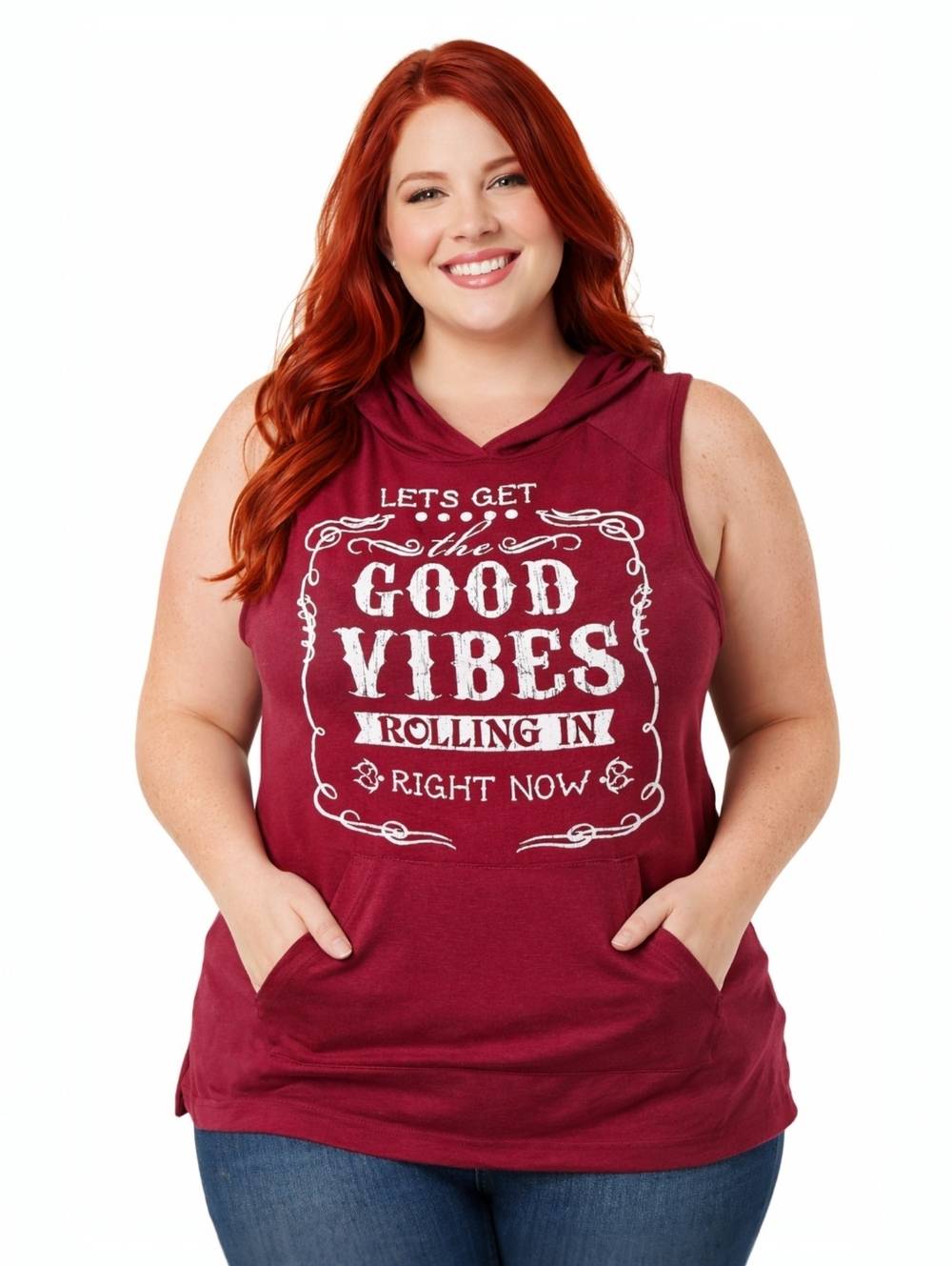 RUE 21 Women's Maroon Good Vibes Graphic Print Sleeveless Hooded Tank Top 2X